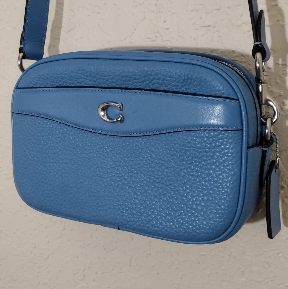 Coach Pool Blue Soft Pebbled Leather Camera Crossbody Bag
